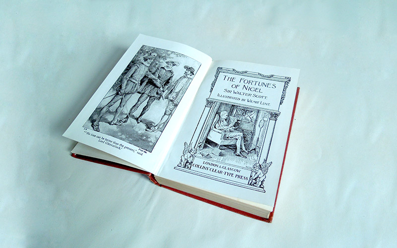 Photograph of the Fortunes of Nigel book's frontispiece and title page