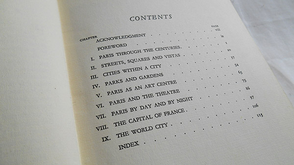 Photograph of the Spirite of Paris book's table of content