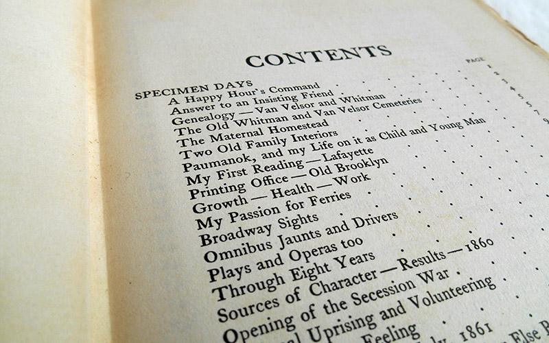 Photograph of the book’s table of contents